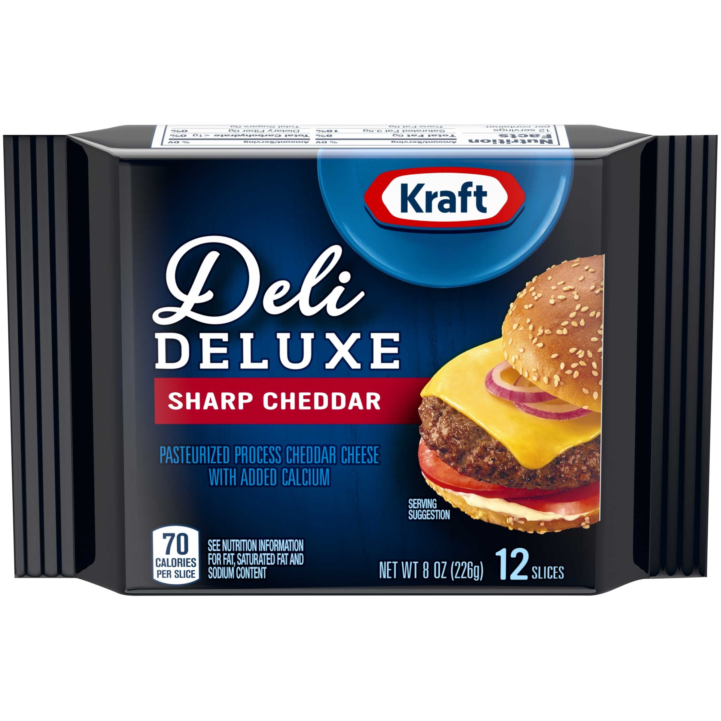 Kraft Deli Deluxe Sharp Cheddar Sliced Cheese, 8 Ounce -- 12 per case.