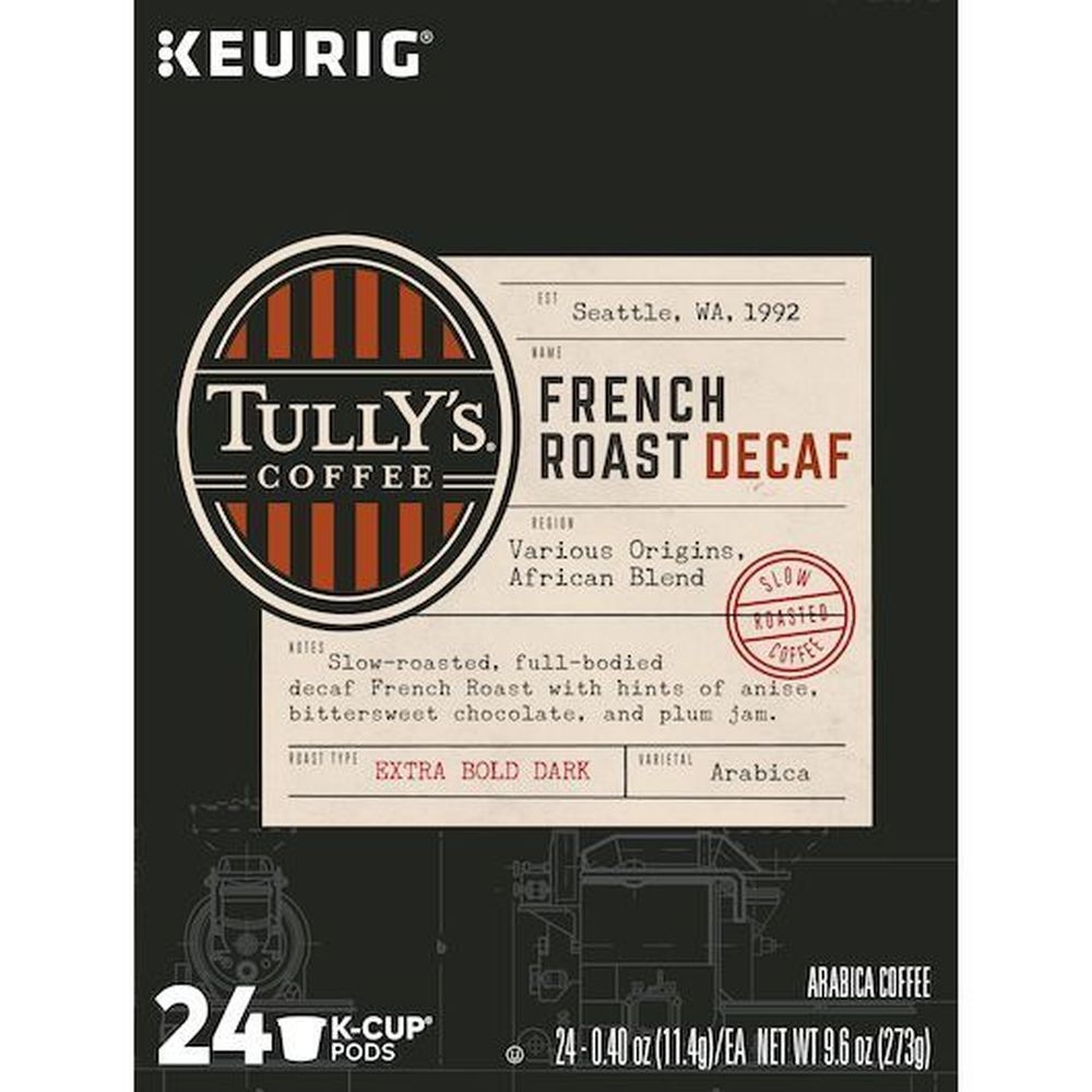 Tully's French Dark Roast Decaf K Cup Coffee Pod, 24 count -- 4 per case