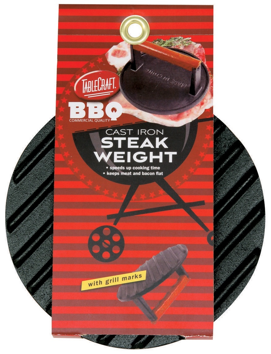 Tablecraft Coated Cast Iron Round Steak Weight with Wood Handle, 7 inch -- 4 per case