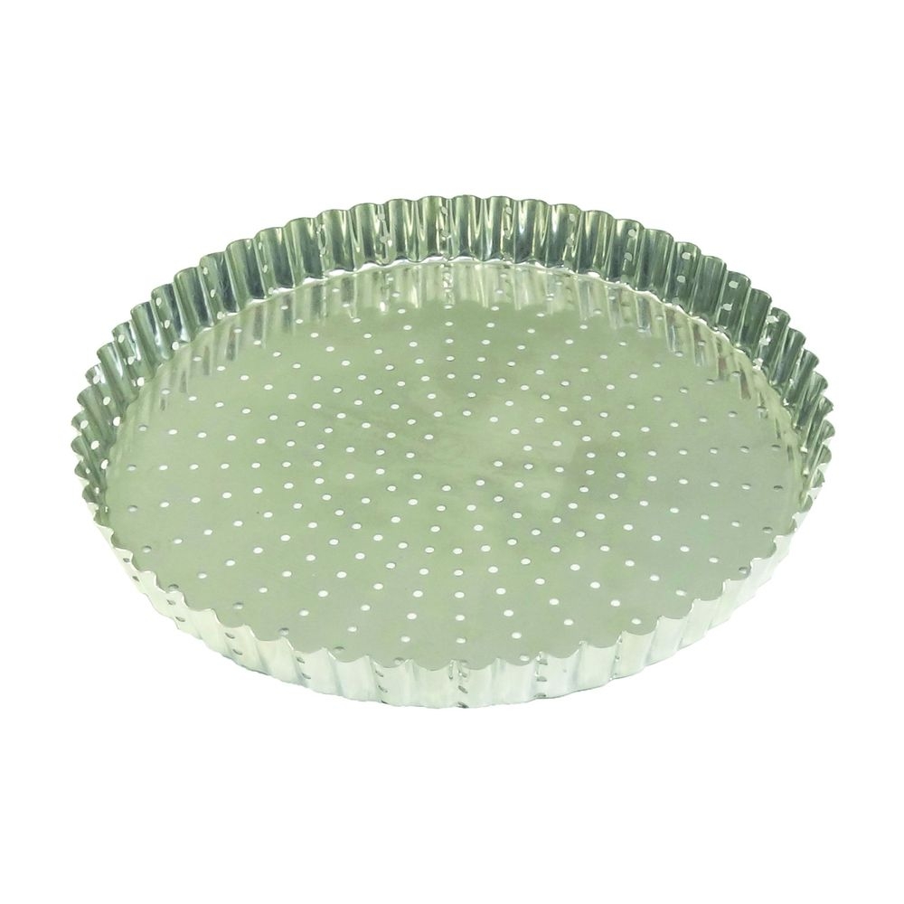 Gobel Tin Plate Perforated Fluted Tart Mold with Fixed Bottom, 10.6 inch Dia x 1 inch Height