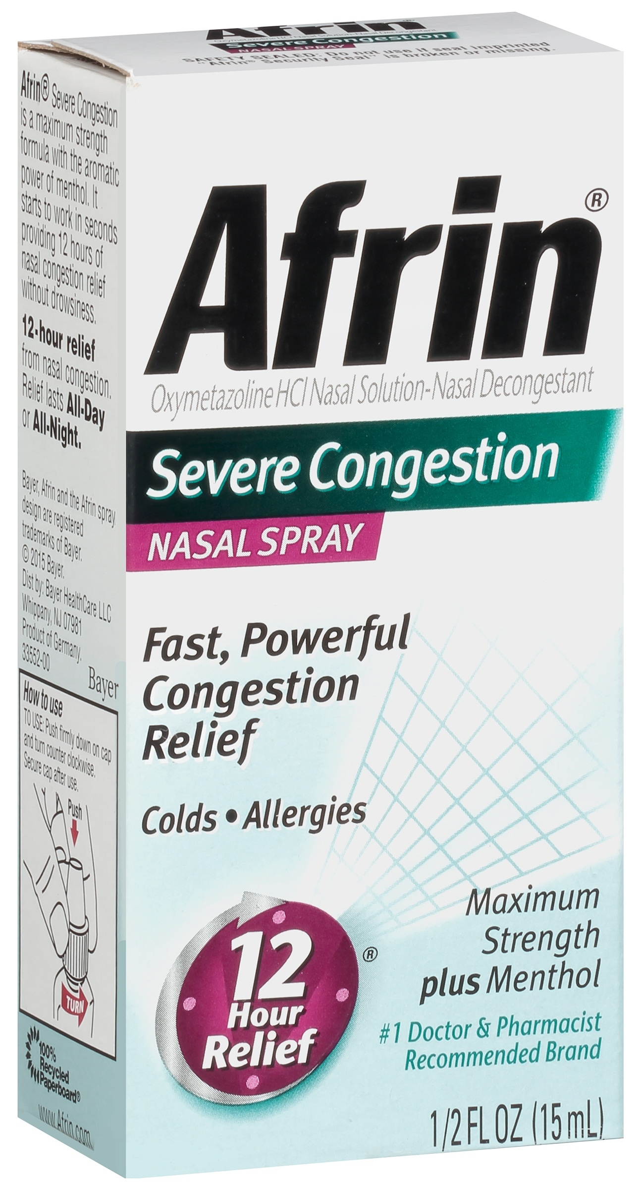 Afrin 12 Hour Severe Congestion Nasal Spray, 15 Milliliter -- 36 per case.