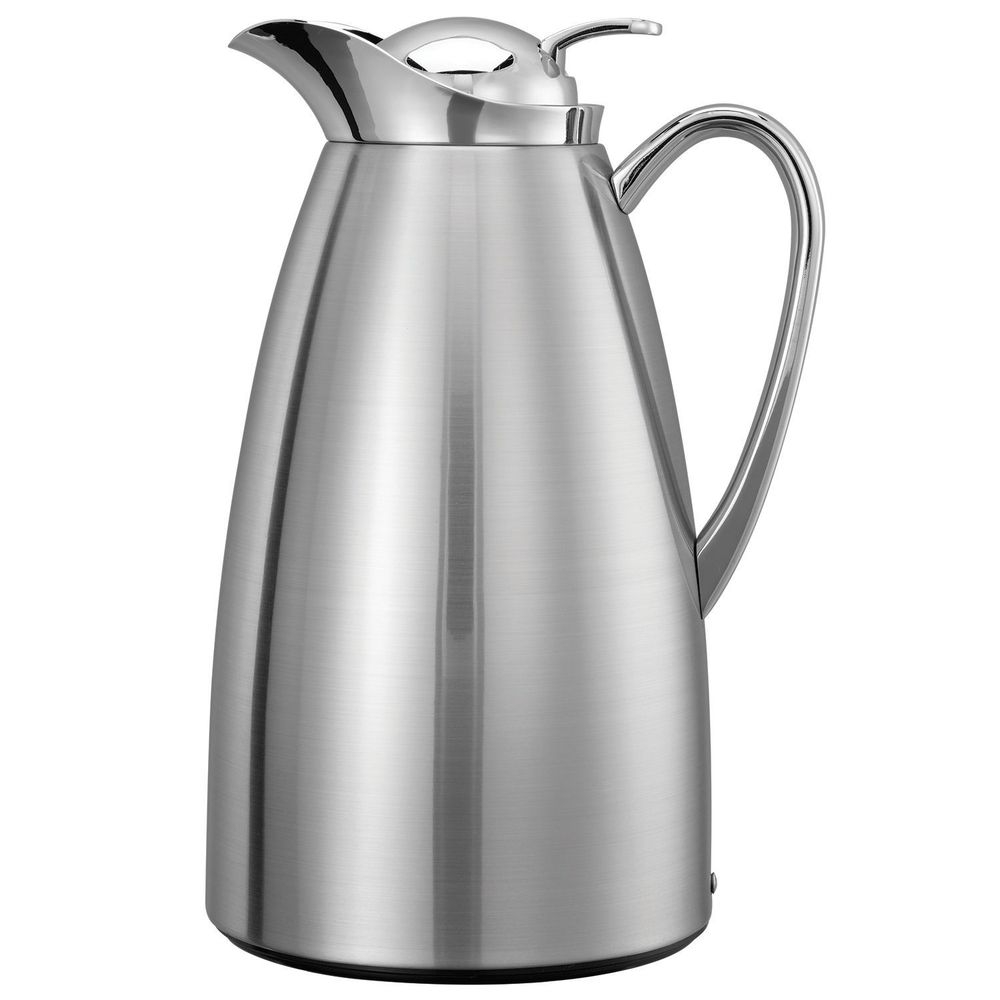 Service Ideas Classy Brushed with Polished Accents Finish Glass Vacuum Insulated Carafe with Push Button, 1 Liter Capacity