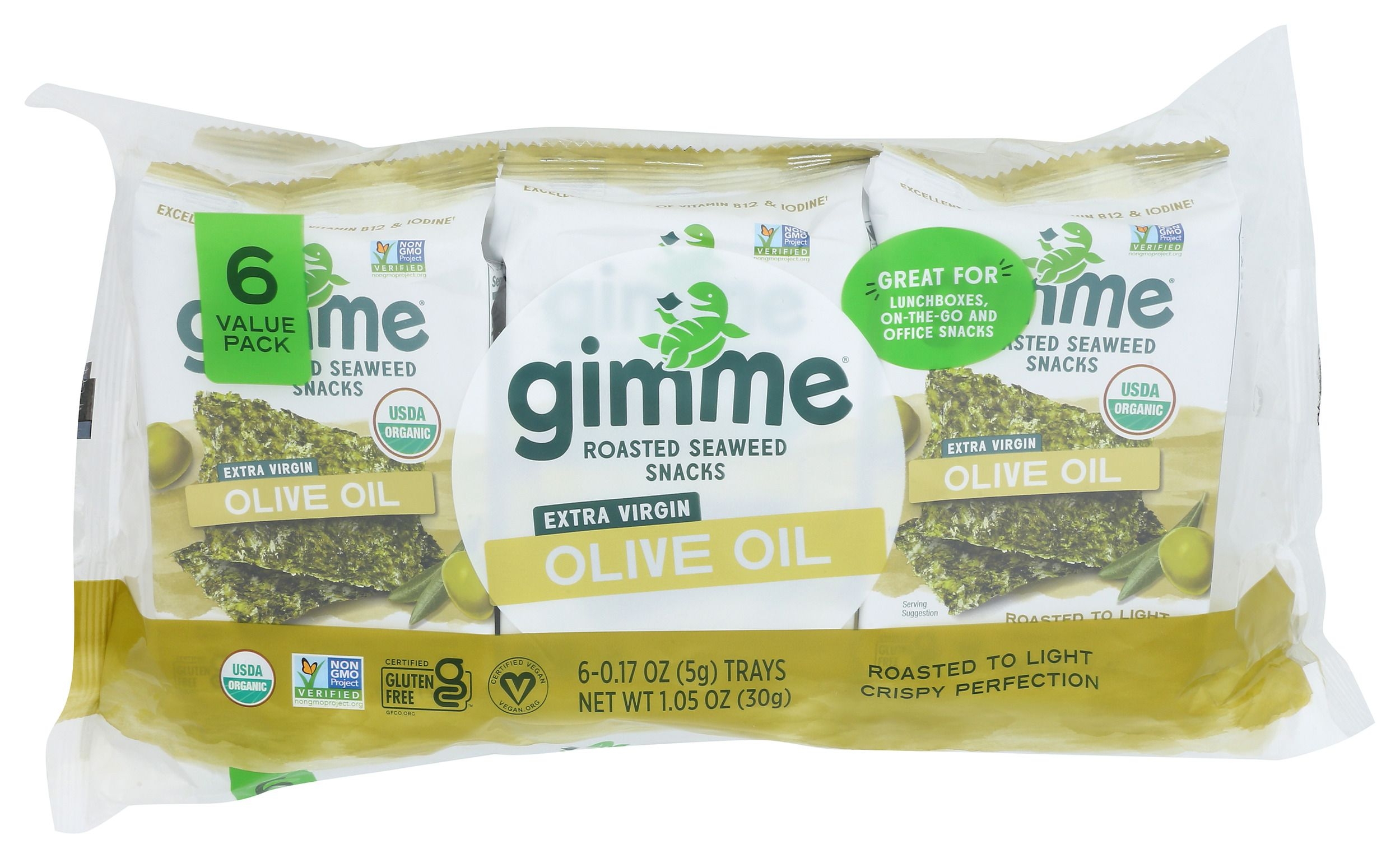 Gimme Organic Extra Virgin Olive Oil Roasted Seaweed Snacks, 0.7 Ounce -- 8 per case