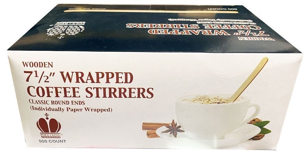 Poly King Individually Paper Wrapped Wood Coffee Stirrer, 7.5 inch -- 2000 per case.