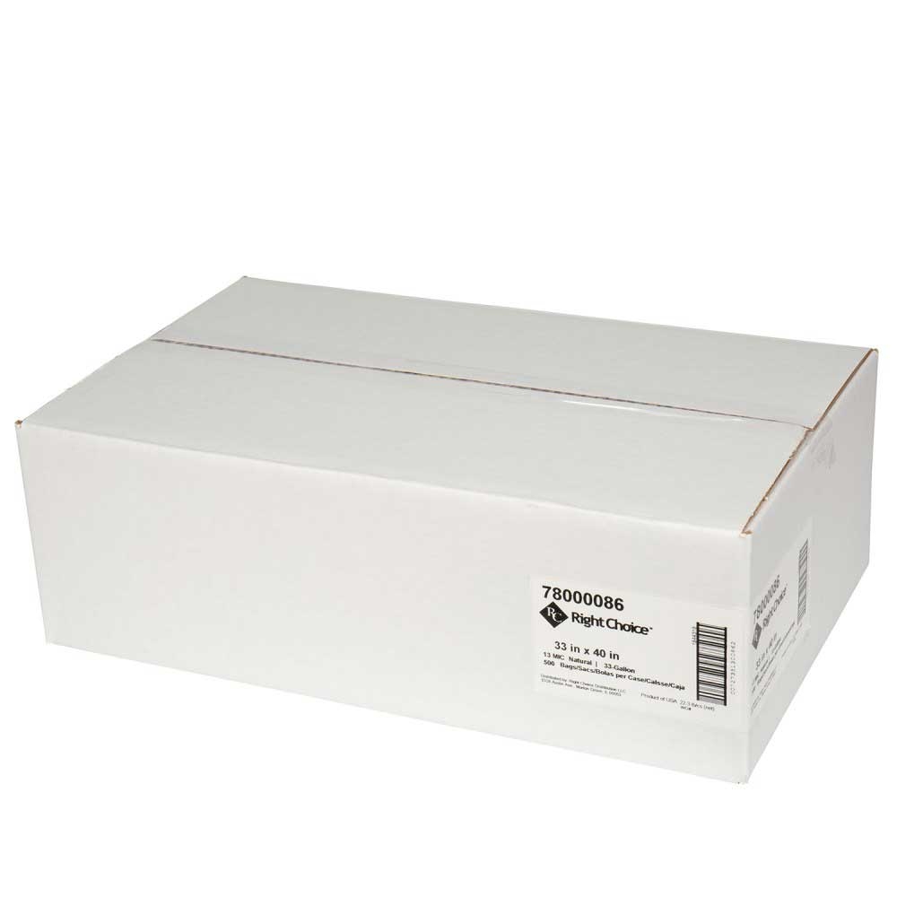 Right Choice Natural 13 Mic HDPE 33 Gallon Can Liner, 33 x 40 inch -- 500 per case