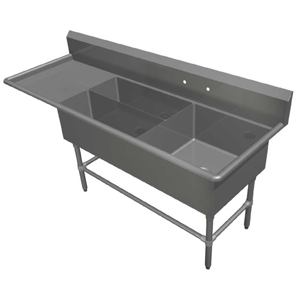 John Boos 16 Gauge Stainless Steel Three Bowl Platter Sink with 24 inch Left and Right Drainboard, 107 1/4 x 29 1/2 inch.