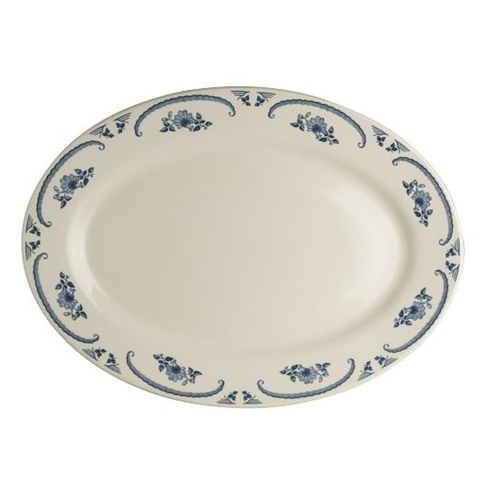American Rose Blue China 10.5 inch Rolled Edge Oval Platter, 24 count