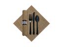 Hoffmaster CaterWrap Pre Rolled FashnPoint 100 Percent Recycled Natural Burlap Print Dinner Napkin and Black Cutlery Kit -- 100 per case.